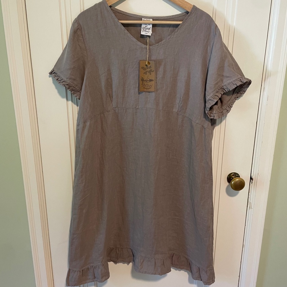 Match Point 100% Linen Short Sleeve Dress Medium Taupe NEW